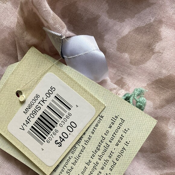 Vera Neumann Scarf Beige Green Boho Print Infinity Scarf Pom Pom Edging Detail - Picture 8 of 9